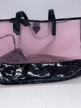 GUESS Pink Mesh Tote with Black Patent Trim and Bow